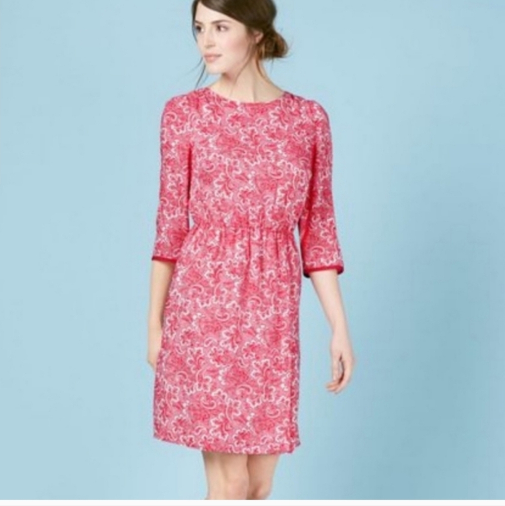 Boden White and Pink Sundress with Crew Neck and Cuffed Sleeves